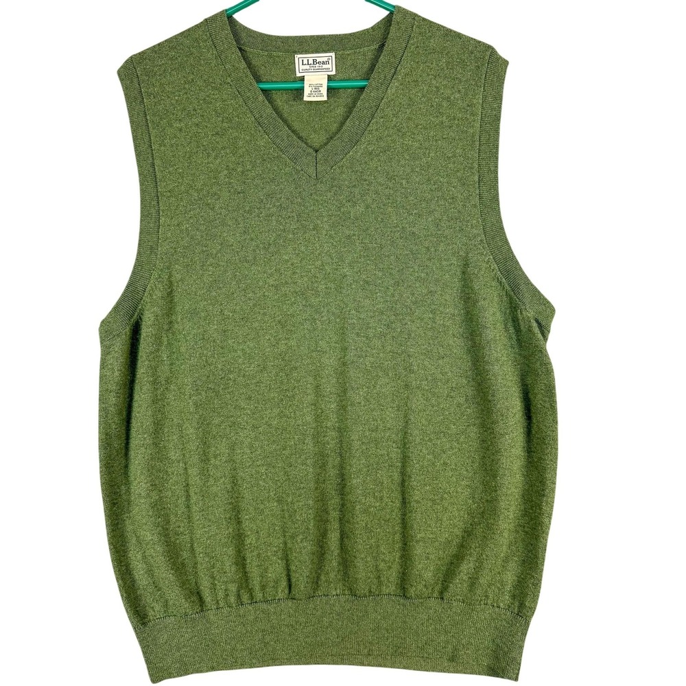 LL Bean Sweater Vest Mens Large Green Cashmere Cotton‎ V Neck Pullover Knit
